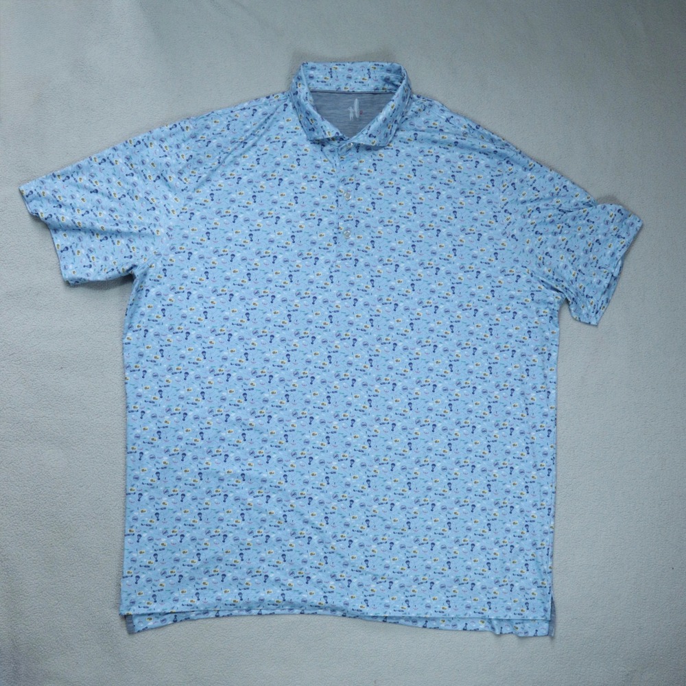 Johnnie-O Mens XL Featherweight Polo Shirt Blue Air Mail Print BXM Golf & CC